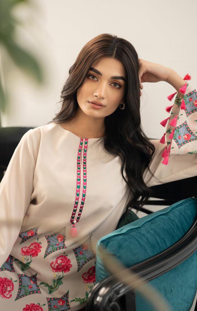 PRINTED CREAM FLORAL LONG 2PCS SET