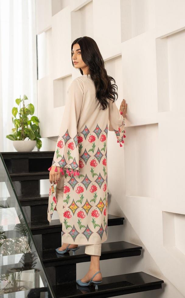 PRINTED CREAM FLORAL LONG 2PCS SET