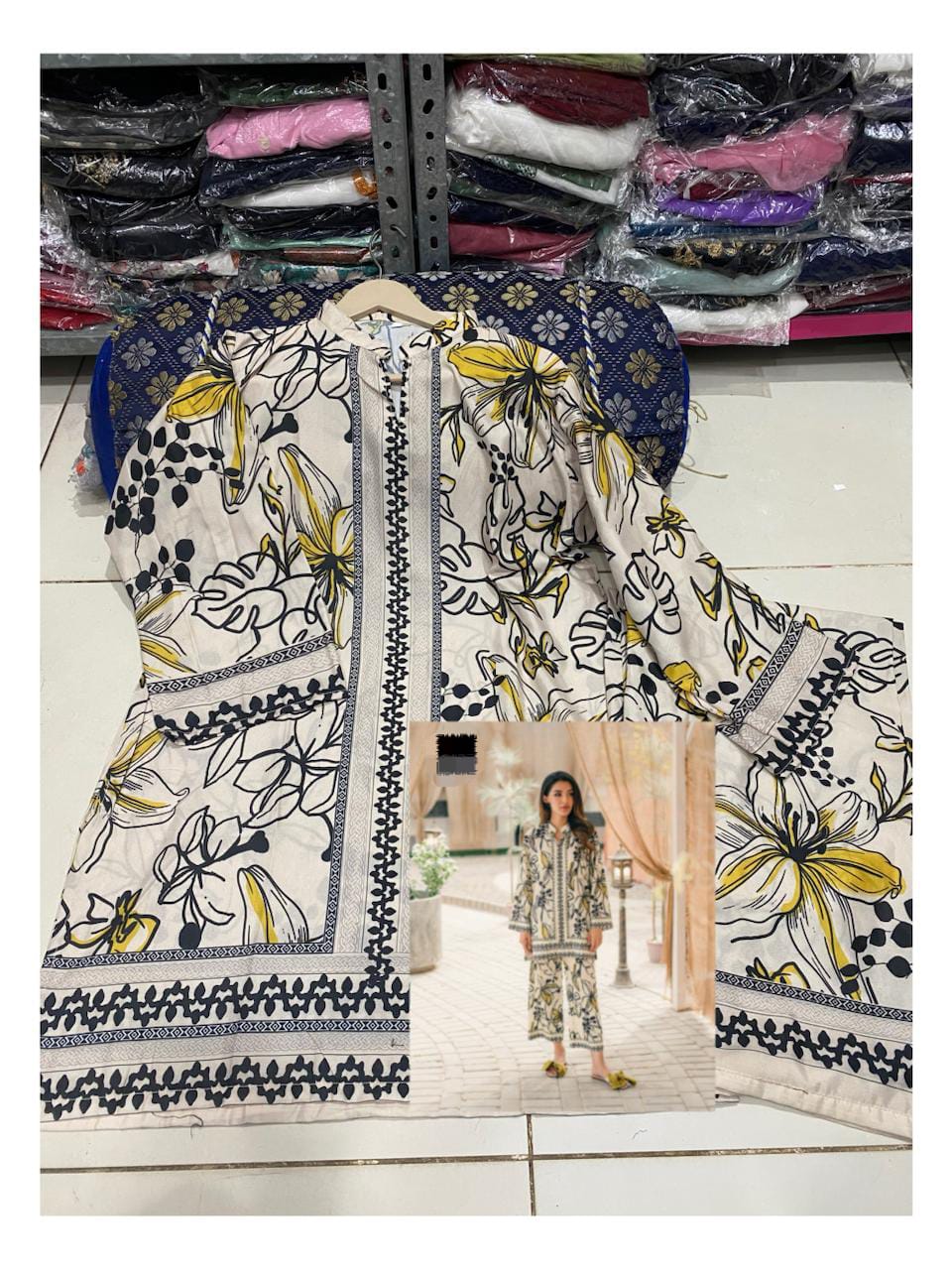 "White Shalwa Kameez With Black & Yellow Floral Print'