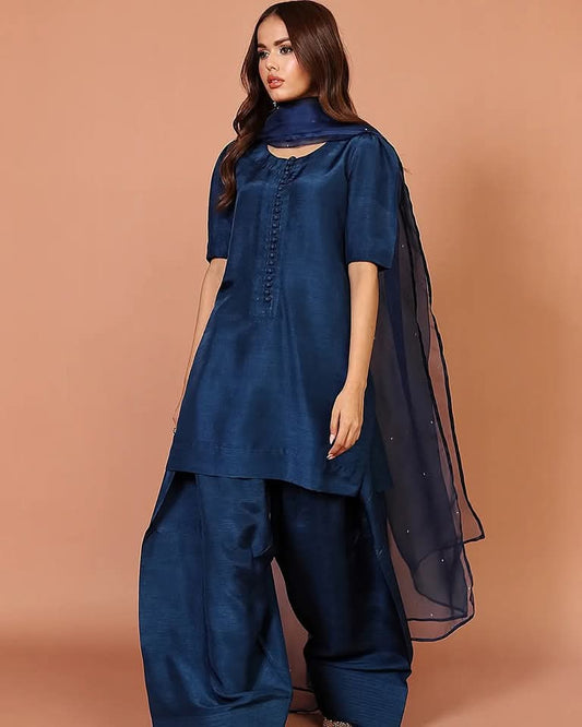 NAVY BLUE FARSHI SHALWAR 3 PCS SUIT