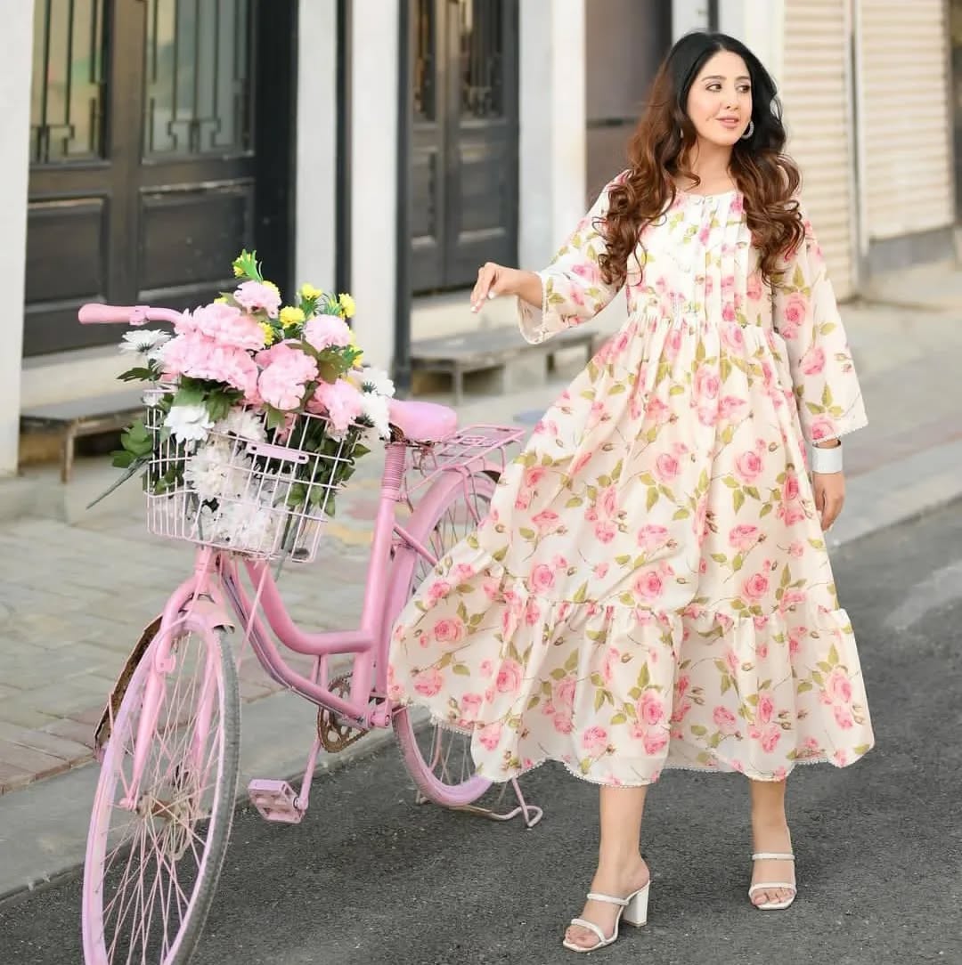 Pink rose Printed Lawn Frock