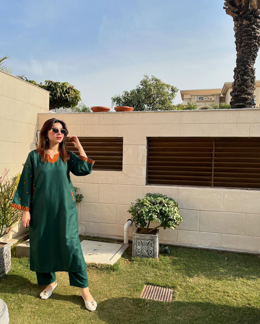 GREEN EMERALD SAGE ENBROIDED DRESS 2PCS