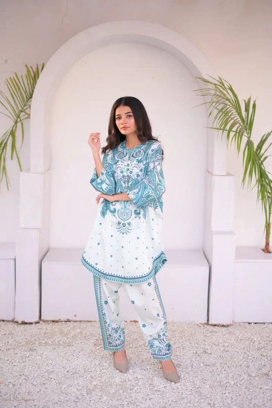 "Blue & White Printed Shalwar Kameez"