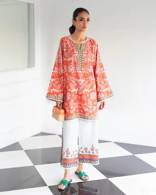 "Vibrant Coral Printed Kurti With White Shalwar"