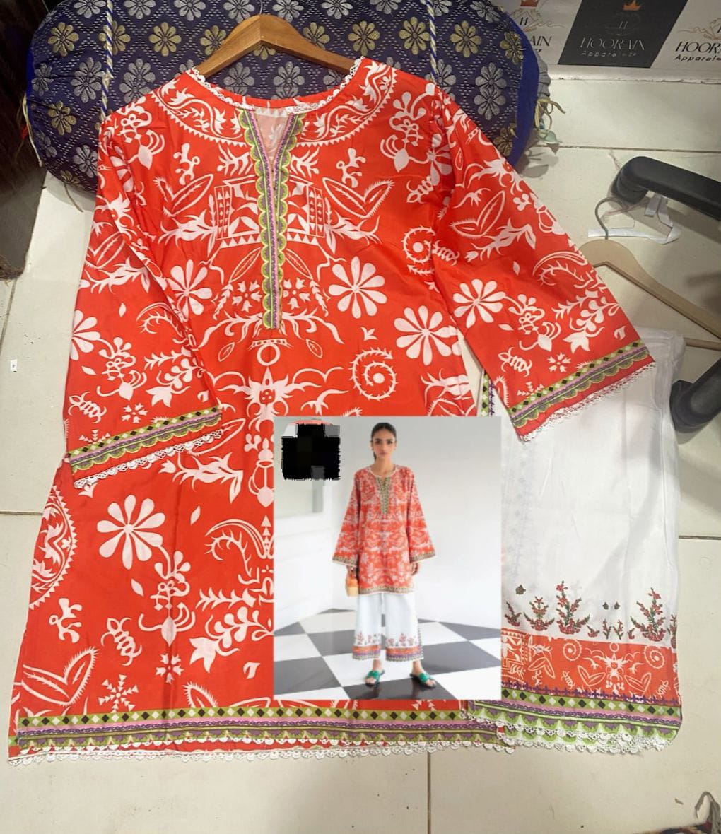 "Vibrant Coral Printed Kurti With White Shalwar"