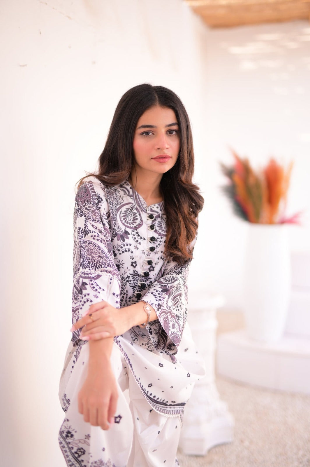 "White Shalwa Kameez With purple and black paisley printed"