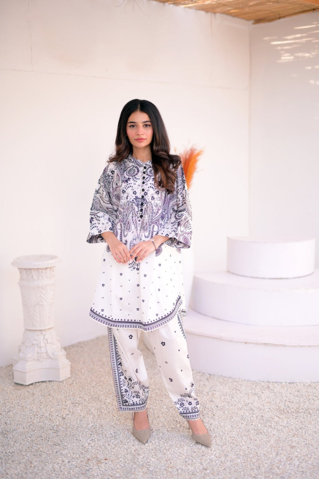 "White Shalwa Kameez With purple and black paisley printed"