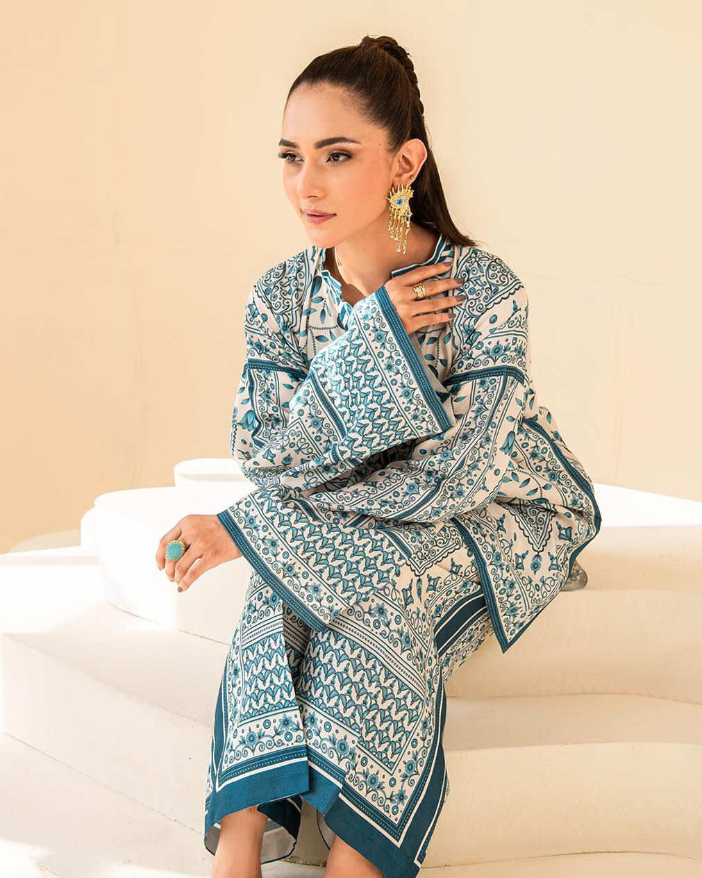 "Blue & White Printed Shalwa Kameez "