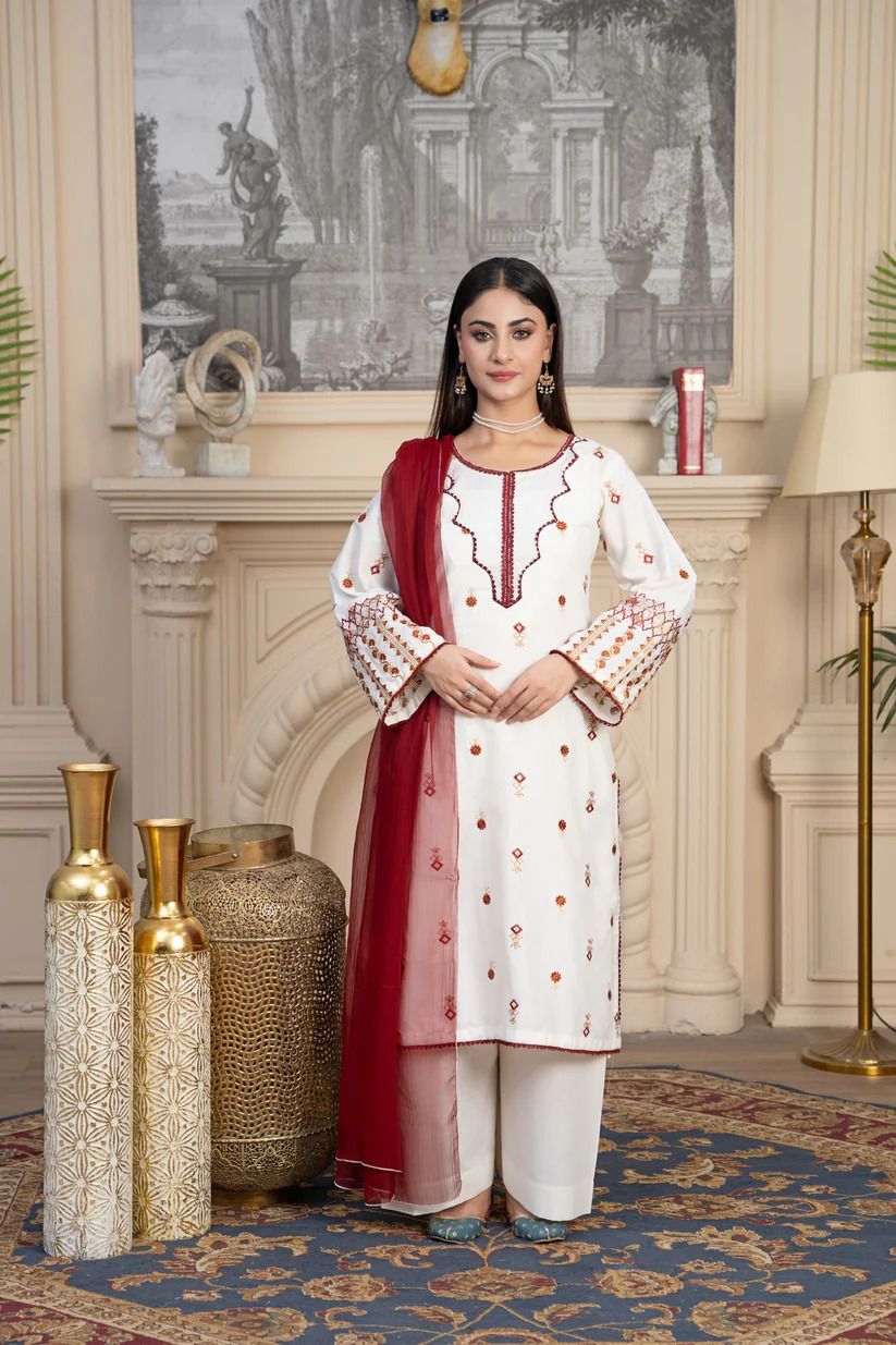 White Embroidered Kurti WIthRed Dupatta
