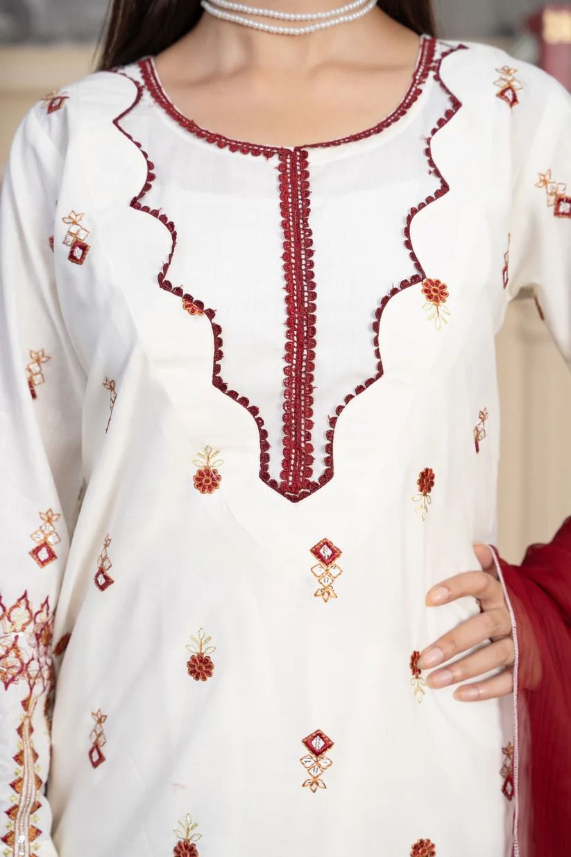 White Embroidered Kurti WIthRed Dupatta