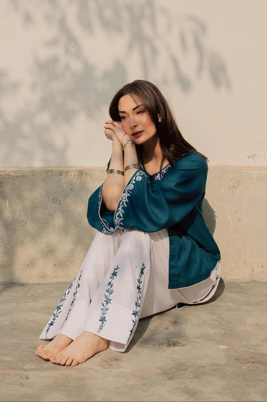 Teal Embroidered Kurta With White Floral Embroidered Shalwar
