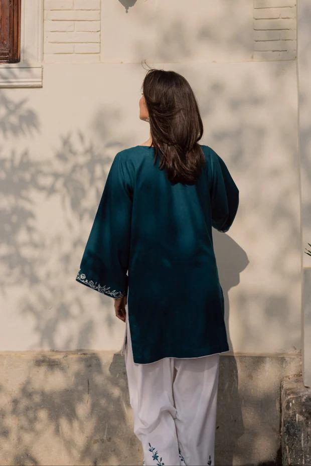 Teal Embroidered Kurta With White Floral Embroidered Shalwar