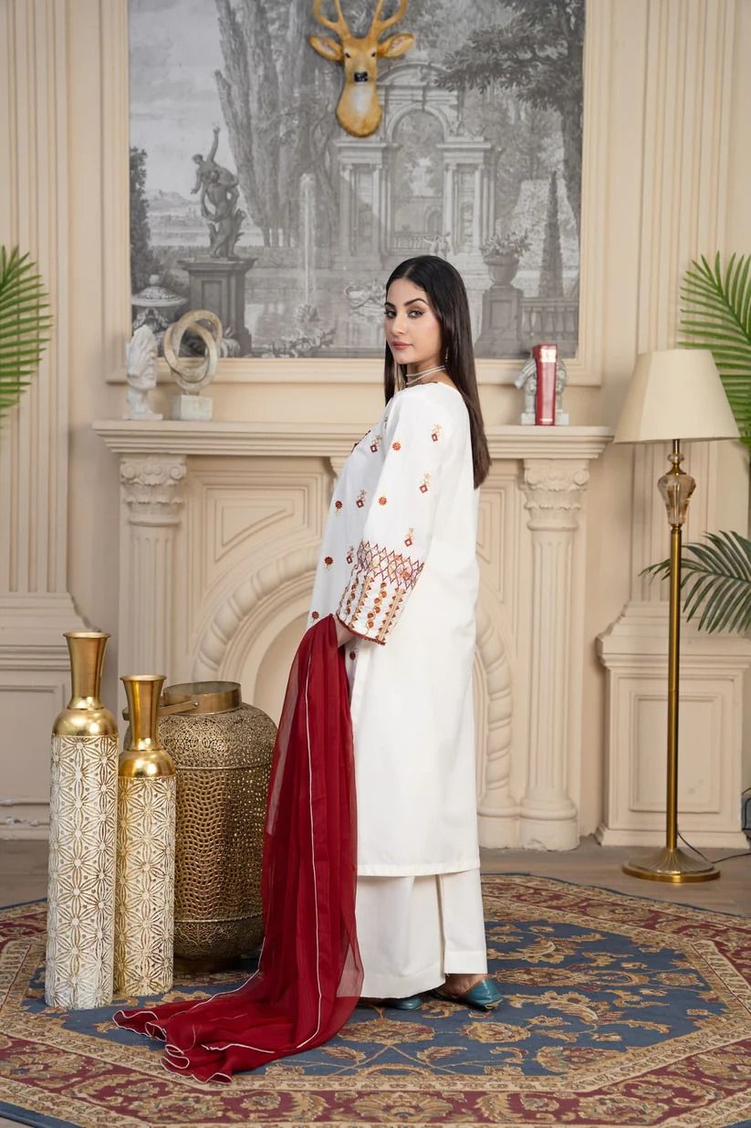 White Embroidered Kurti WIthRed Dupatta