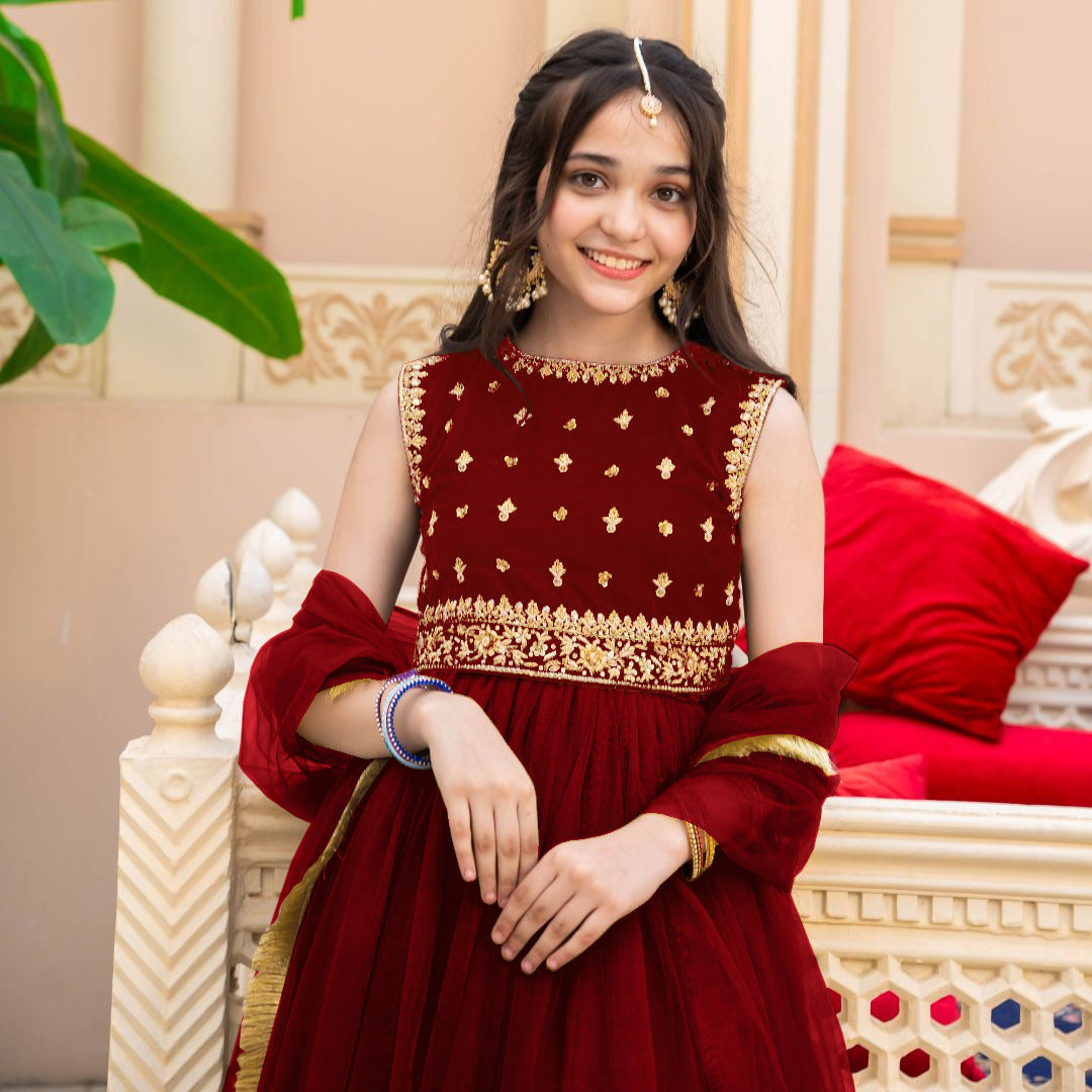 Top And Plain Skirt Lace Duppatta Kids 3Pcs