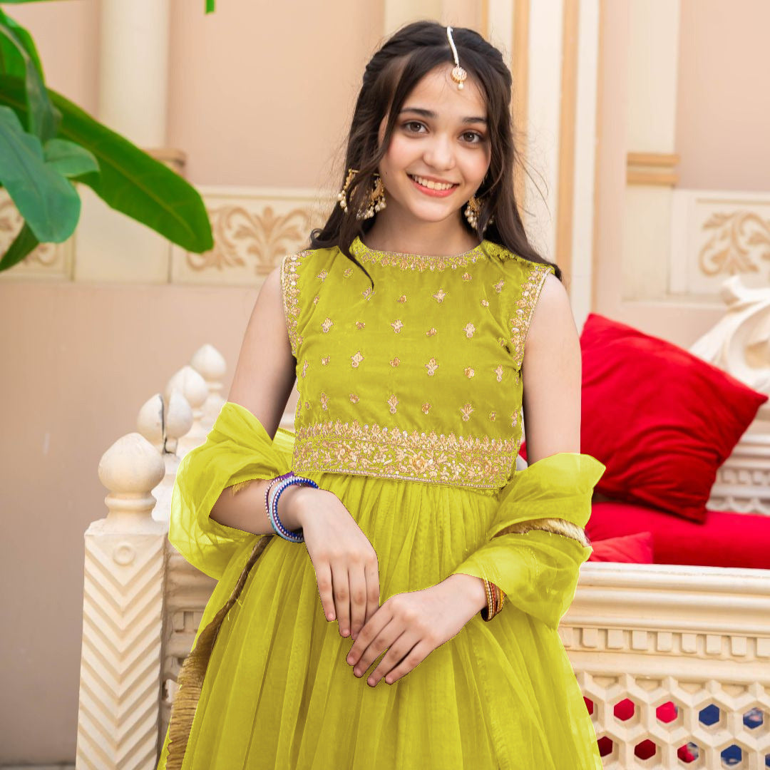 Top And Plain Skirt Lace Duppatta Kids 3Pcs