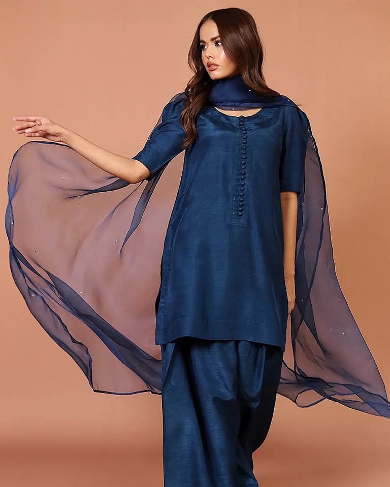 NAVY BLUE FARSHI SHALWAR 3 PCS SUIT