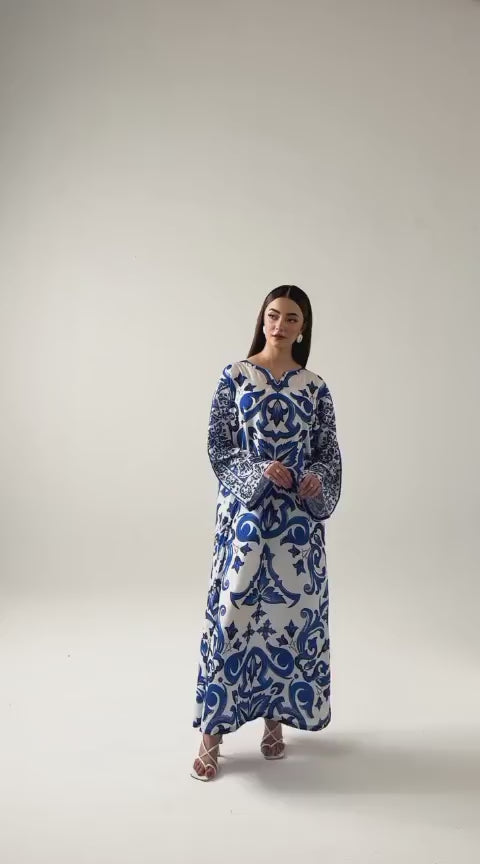 White & Blue Floral Printed Maxi Dress