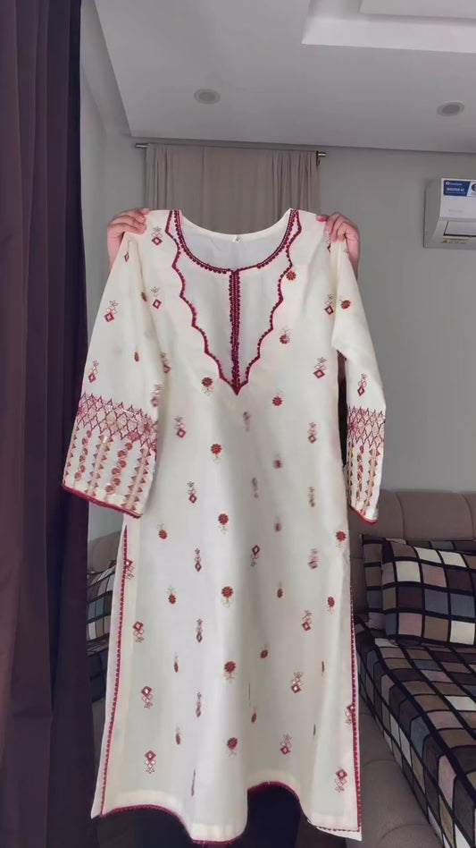 White Embroidered Kurti WIthRed Dupatta